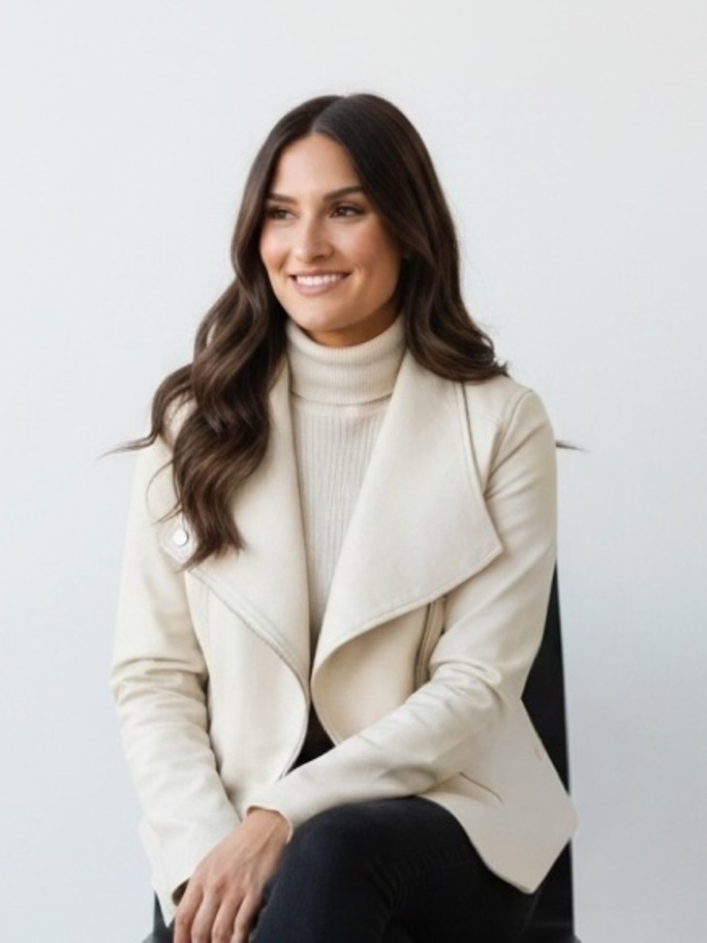 Bagatelle Collection Cream Draped Faux Leather Jacket